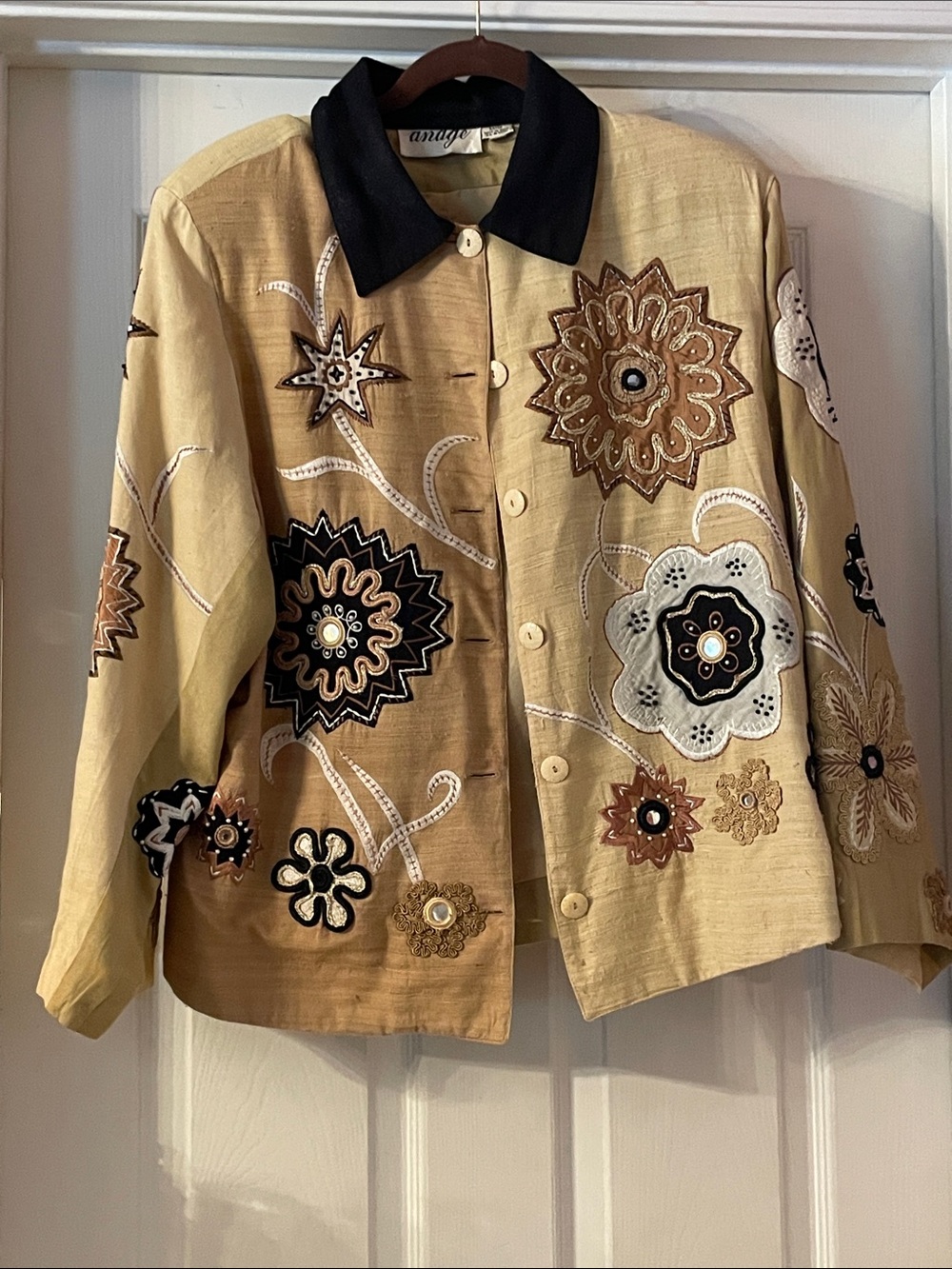 Anage Beige Embroidered Floral Blazer with Black Collar